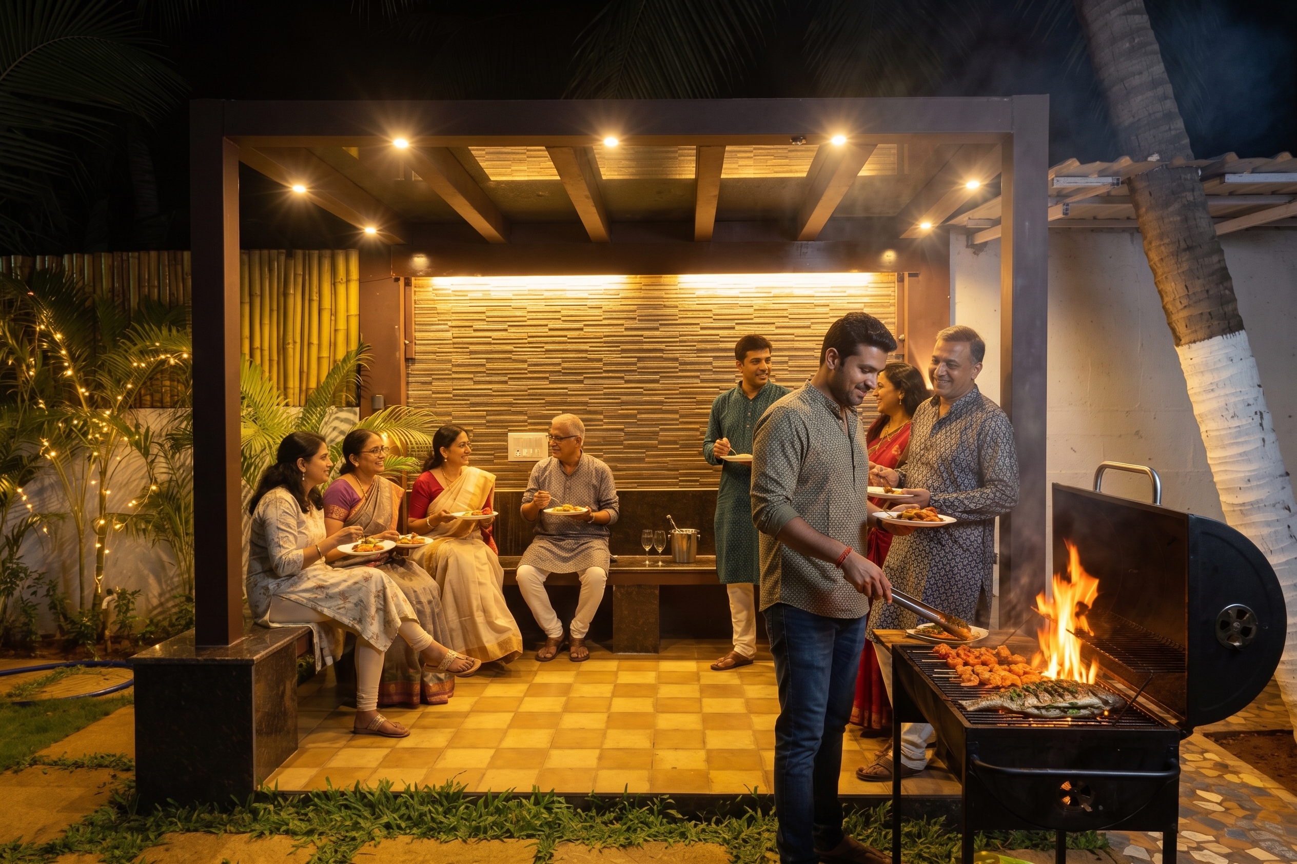 A family enjoying an outdoor barbecue dinner under a warmly lit gazebo at night.