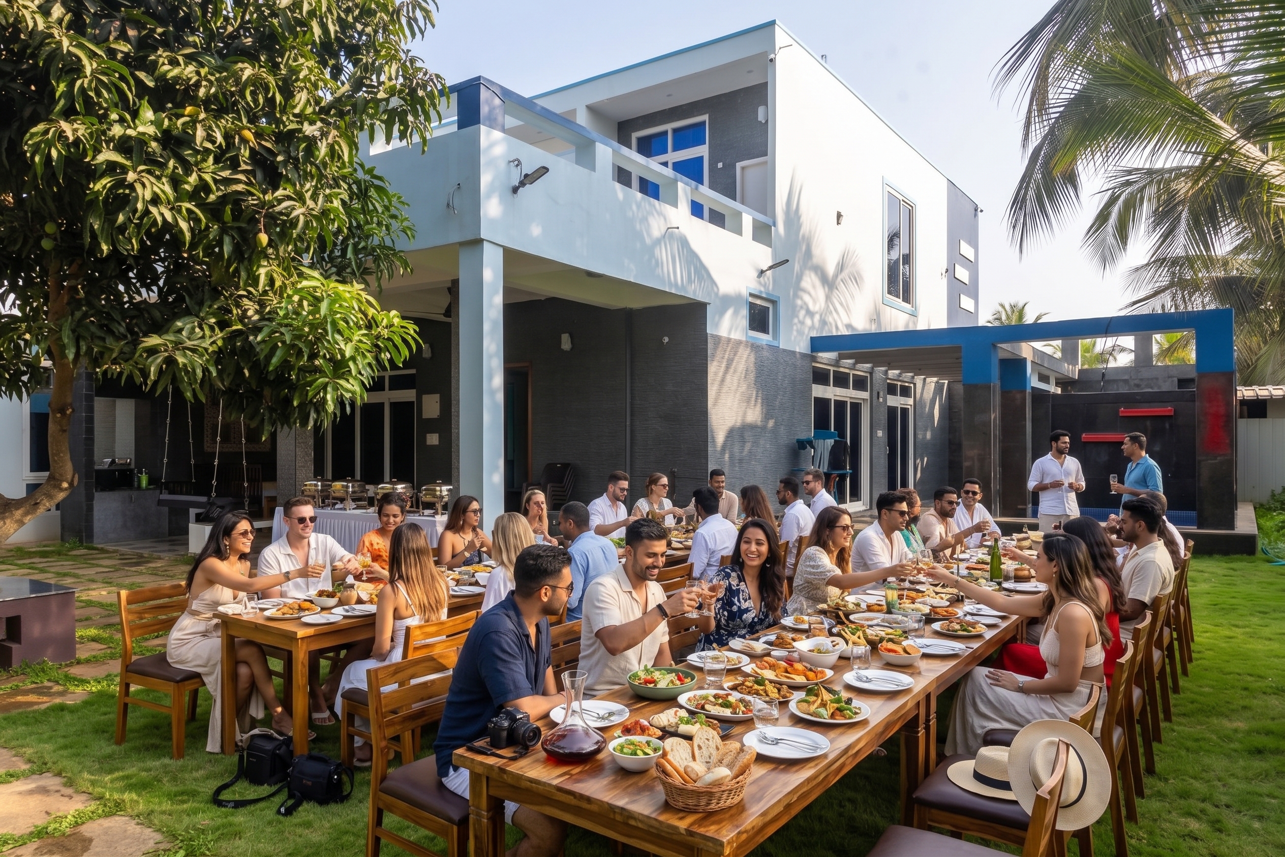 A large group enjoys an outdoor feast at long wooden tables beside a modern villa.