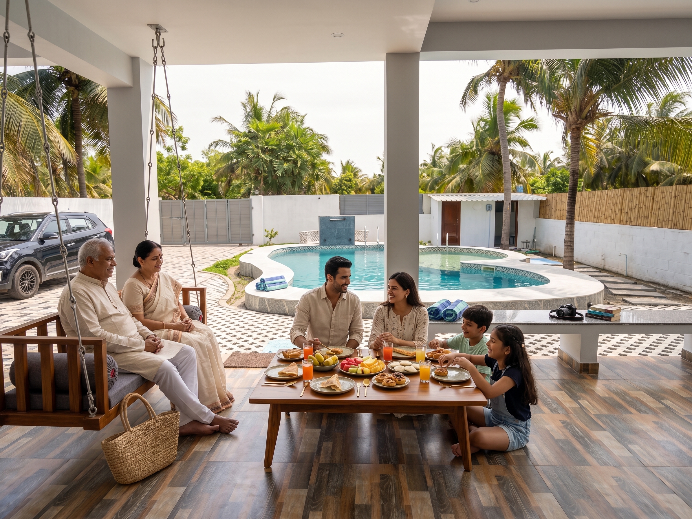 A multi-generational Indian family enjoying breakfast on a villa patio beside a swimming pool.