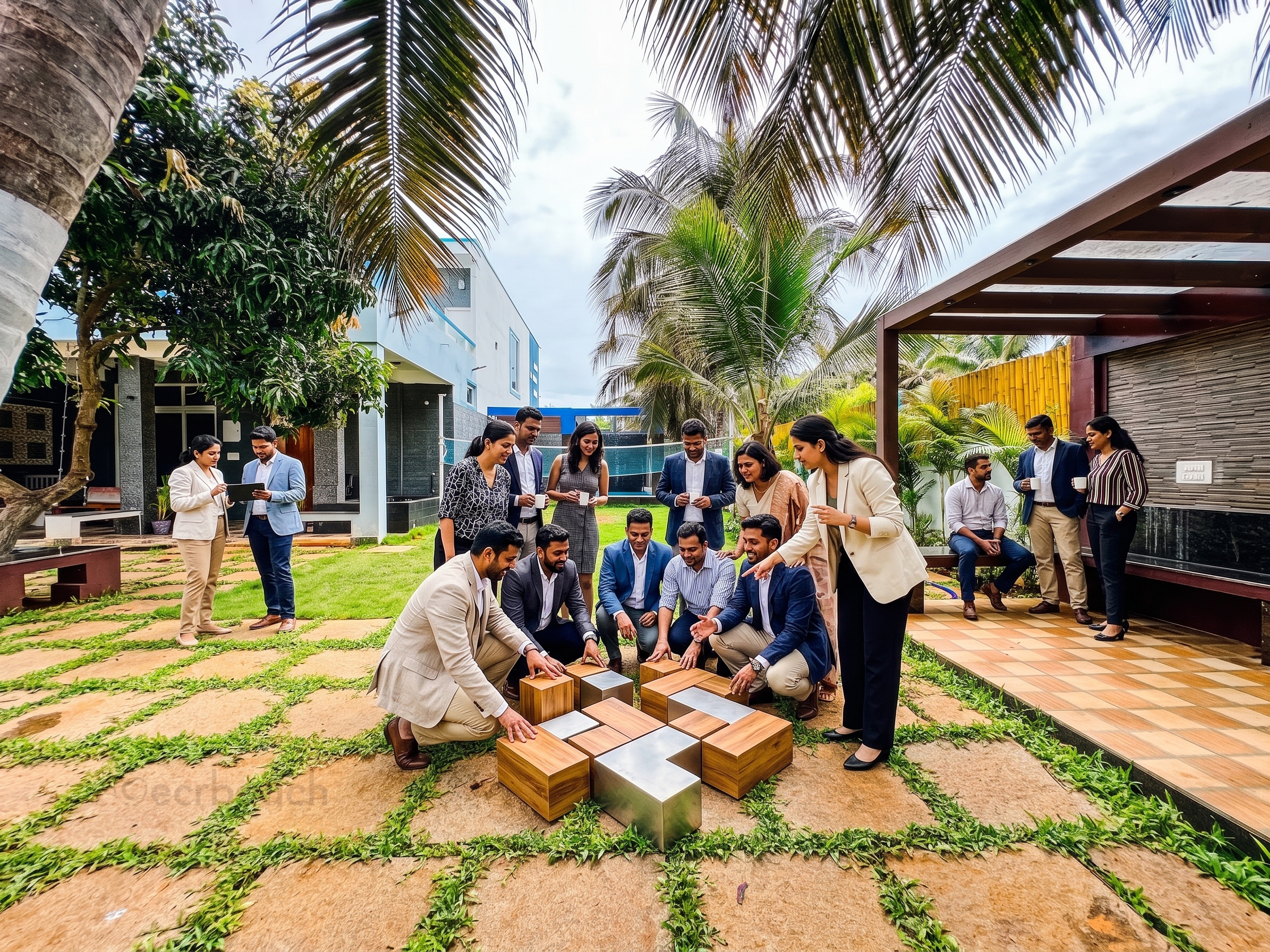 A group of professionals playing a lawn puzzle game in a lush villa garden.