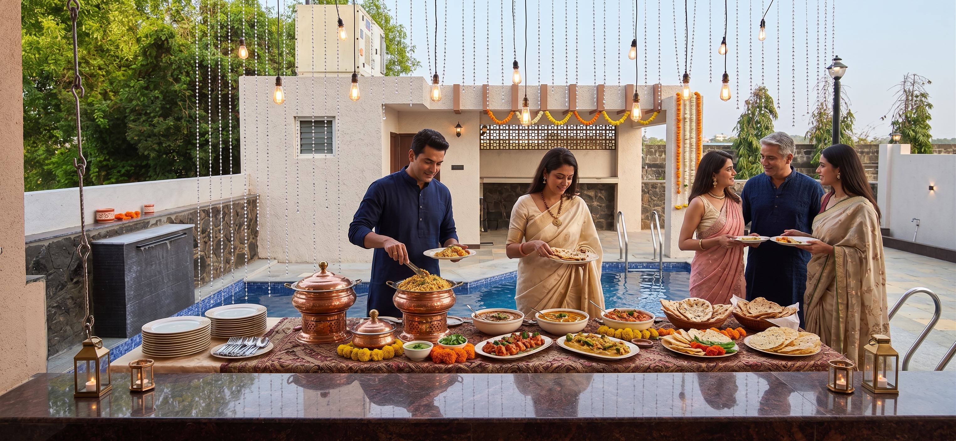 An Indian family enjoying an outdoor poolside buffet feast at a luxury villa.